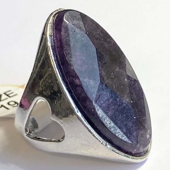 Vintage Purple Amethyst Cocktail Ring Heart Chunky Raw Stone Silver Sz 6 8 9 10 - Picture 2 of 9